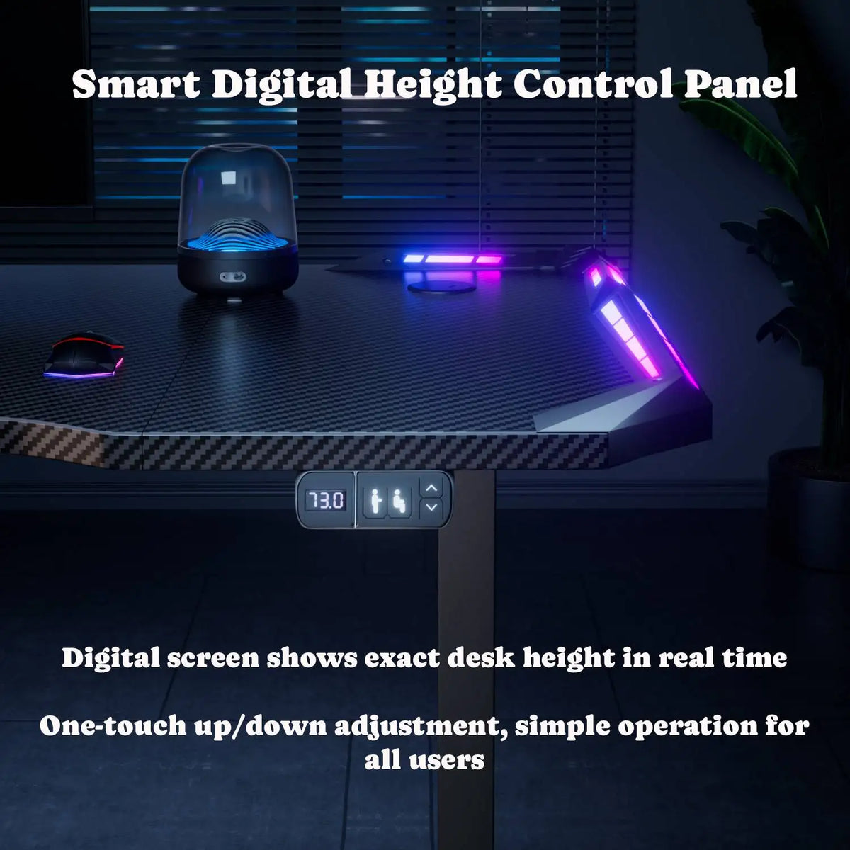 Electric Height Adjustable Gaming Desk With RGB LED Strip Lights, Built-In Cup Holder Headset Hook Ergonomic Computer Game Table with Carbon Fiber Surface, 2 Memory Positions and 3 Sizes