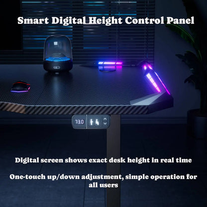 Electric Height Adjustable Gaming Desk With RGB LED Strip Lights, Built-In Cup Holder Headset Hook Ergonomic Computer Game Table with Carbon Fiber Surface, 2 Memory Positions and 3 Sizes