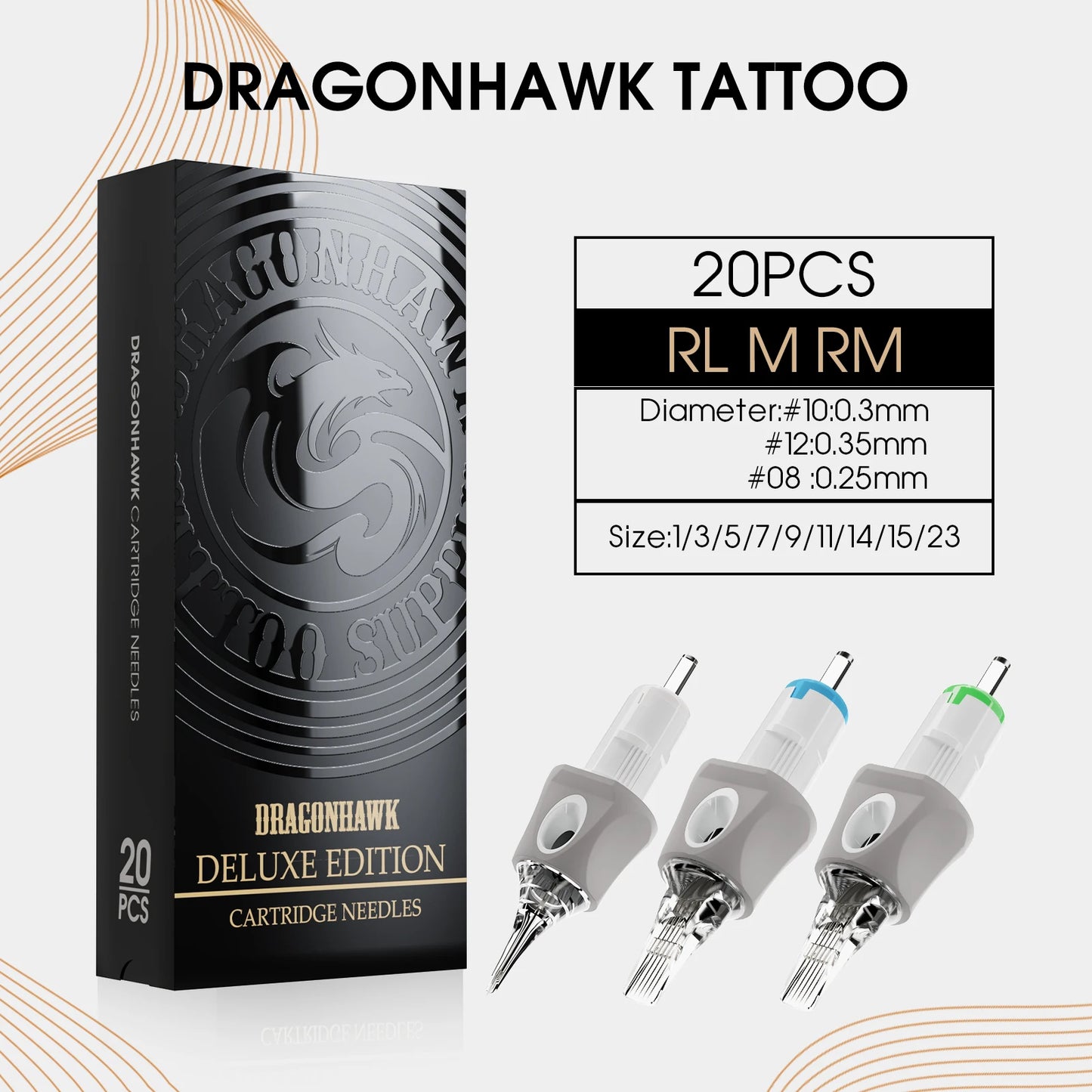 Dragonhawk Deluxe Tattoo Cartridge Needles 20pcsRL/M/RM Soft Silicone Cover Glide Extra Smooth Universal Needle for Most Machine