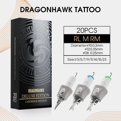 Dragonhawk Deluxe Tattoo Cartridge Needles 20pcsRL/M/RM Soft Silicone Cover Glide Extra Smooth Universal Needle for Most Machine