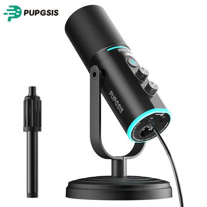 PUPGSIS Podcast Microphone Kit, USB/XLR Dynamic Vocal Mic, Streaming Mic with RGB Lights for PC/XLR Mixer, with Mute Button, Headphone Jack, Gain Knob, for Gaming Voice-Over Recording