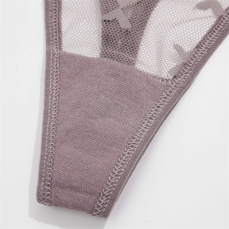 FINETOO Women Sexy Lace Thong Low Waist Hollow Out G-String Female Seamless Transparent T-Back Underwear Solid Intimates Panties