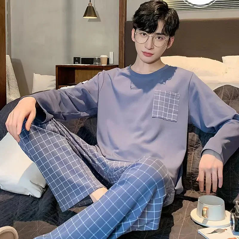 Herr Pyjamas Set Vår & Höst – Långärmad O-ringning & Rutiga Byxor Tunn, 5 Färger L–4XL