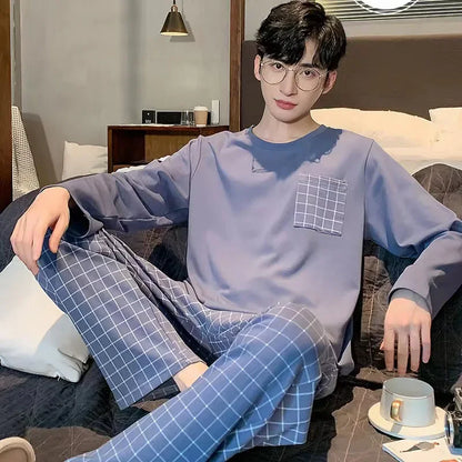 Herr Pyjamas Set Vår & Höst – Långärmad O-ringning & Rutiga Byxor Tunn, 5 Färger L–4XL
