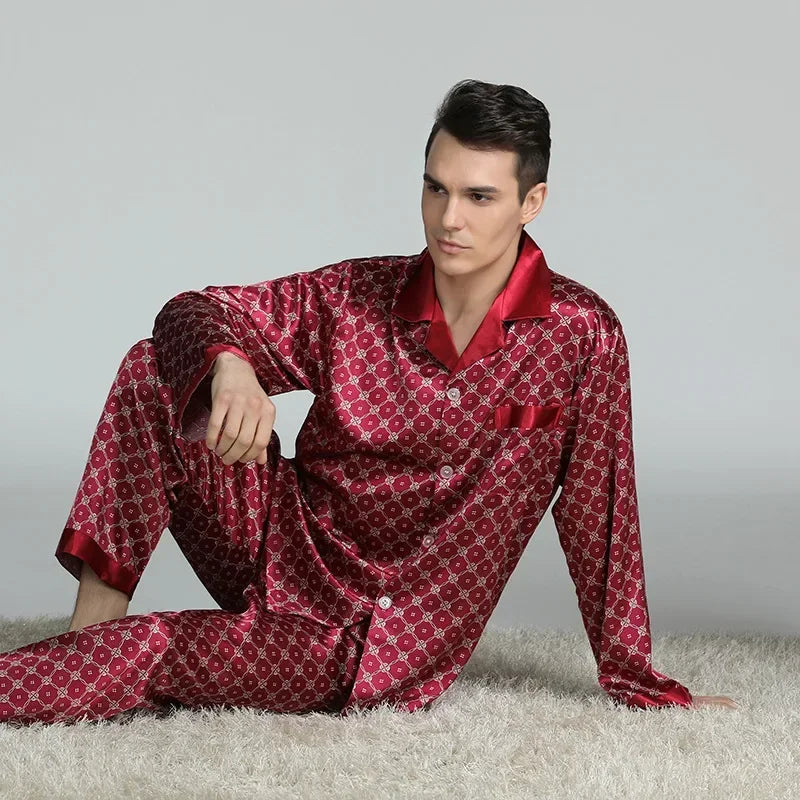 Herr Silk Satin Pyjamas 2-delad – Långärmad Topp & Byxor Tryckt Mönster, Svart/Röd/Marinblå