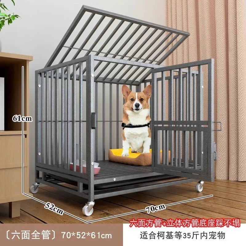 Heavy Duty Square Tube Dog Cage for Medium Large Dogs Indoor Metal Kennel with Toilet Tray Foldable Iron Pet Crate Furniture