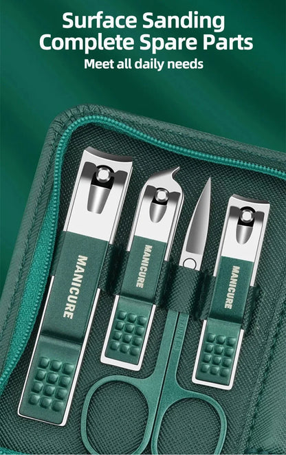 GreenStainlessSteel Nail Clippers Set-6-18 Nail Care Sets with Leather Storage Box-Professional Foot and Face Care Tool Set