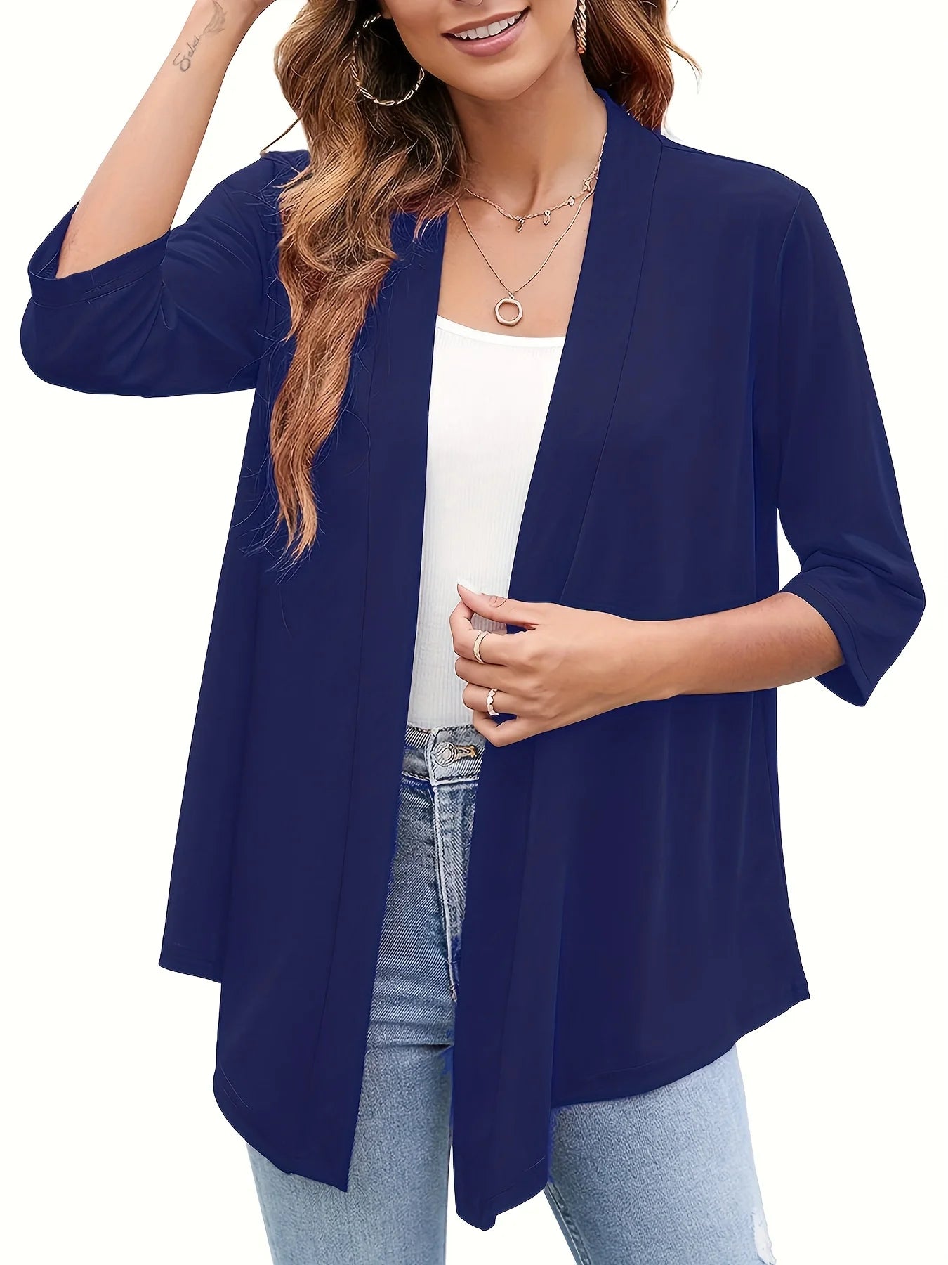 Dam Plus Size Lättviktig Öppen Kofta – Casual 3/4-ärm Mjuk Drapering Mångsidigt Vår/Sommar, 4 Färger 1XL–5XL