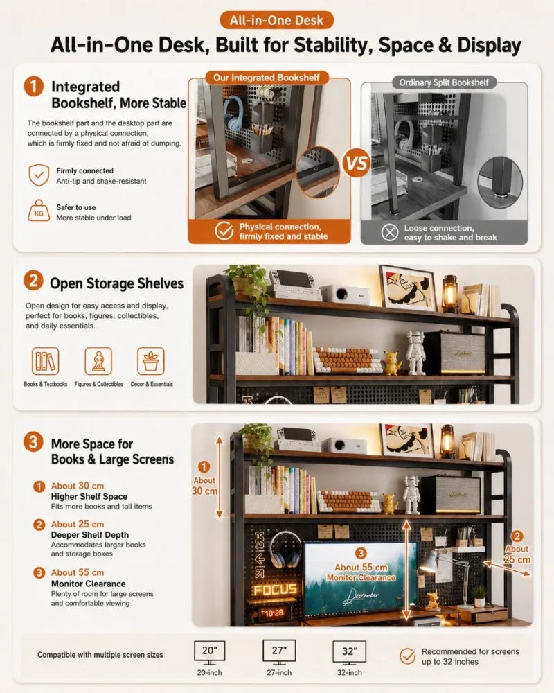 Gaming Desk with Bookshelf and Pegboard Computer Desk with Storage Shelf Home Office Study Desk for Bedroom Small Space