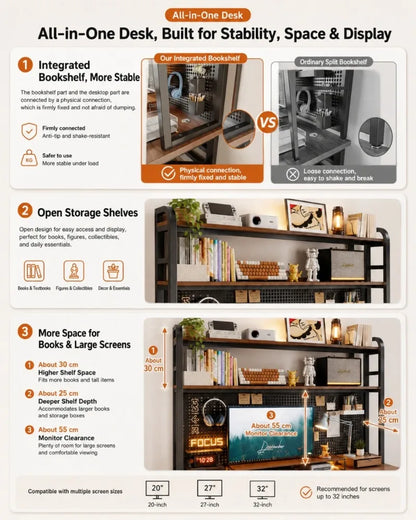 Gaming Desk with Bookshelf and Pegboard Computer Desk with Storage Shelf Home Office Study Desk for Bedroom Small Space
