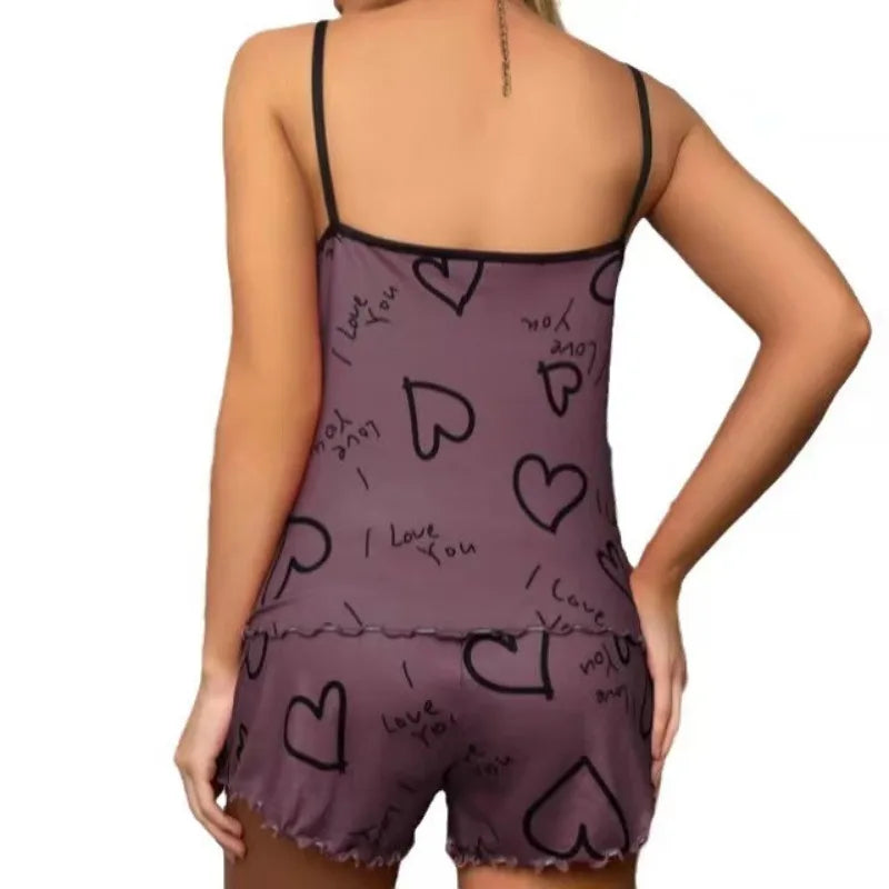 Dam Pyjamas Set Is-Silk – Röda Hjärtan, T-shirt & Shorts Sommar Loungewear