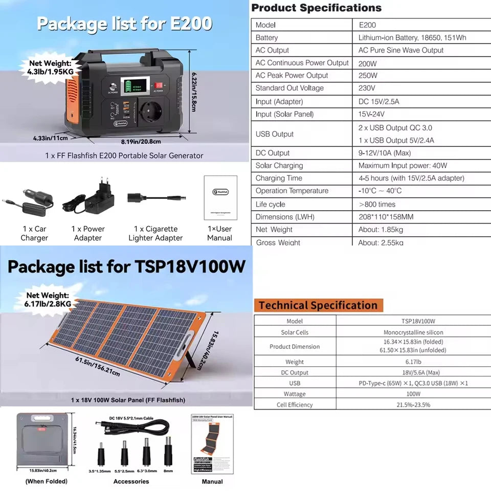 FF Flashfish E200 Portabel Kraftstation – 200W, 151Wh, 230V AC, USB QC3.0, 12V DC, Camping & Nödläge