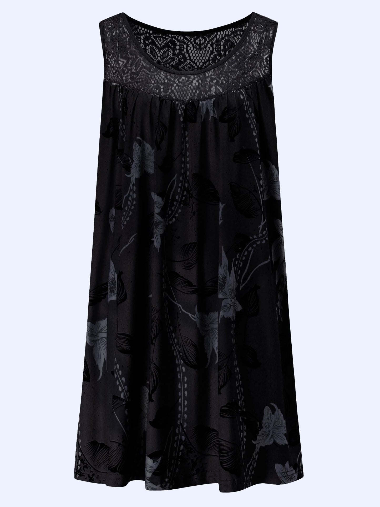Plus size women's sleeveless round neck A-line dress with contrasting lace border floral print - knee length casual and pretenti