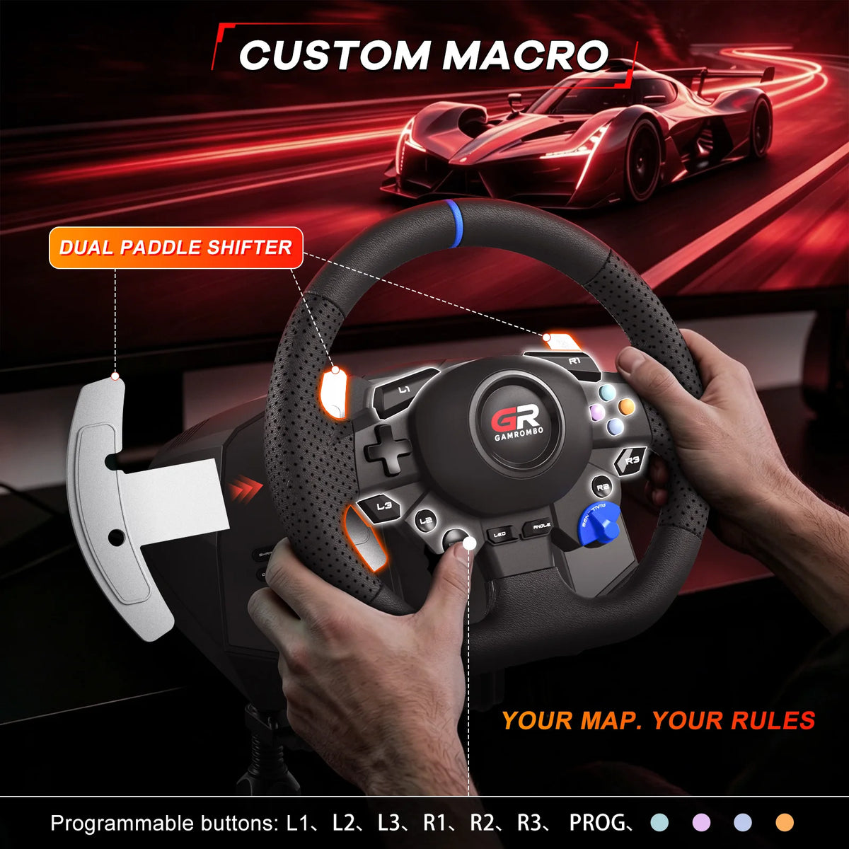 Racing Wheel Simulator For PS5/PS4/PC RGB Gaming Steering Wheel 270°&900° Volante Adjustment Macro Hall 3-Pedal Gear Lever Set