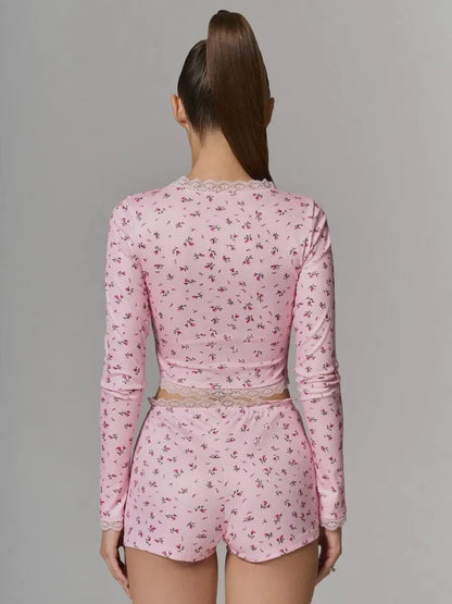 Dam Pyjamas Set Sommar – Blommig Spetskant, Kortarmad Topp & Shorts Loungewear