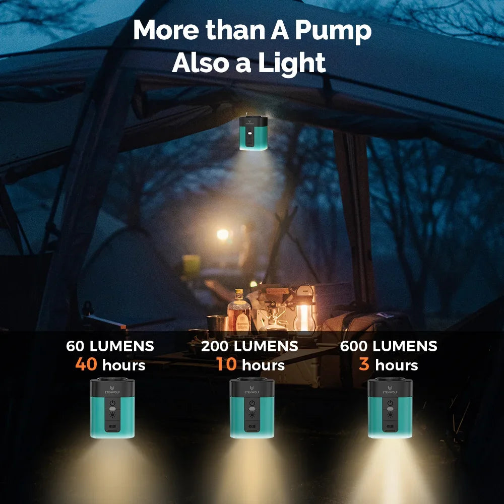 ETENWOLF AIR 3 Portabel Luftpump – 2600mAh, 360L/min, Campinglampa, Deflation, Orange/Grön