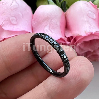 ITungsten 2/3/4mm Men Women Titanium Princess Cubic Zirconia CZ Inlay Ring Nice Eternity Engagement Wedding Band