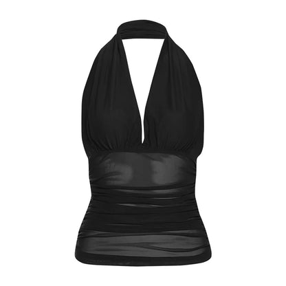 Dam Backless Halter Tank Top – Aesthetic Harajuku Grunge Bodycon Crop, Svart & Brun