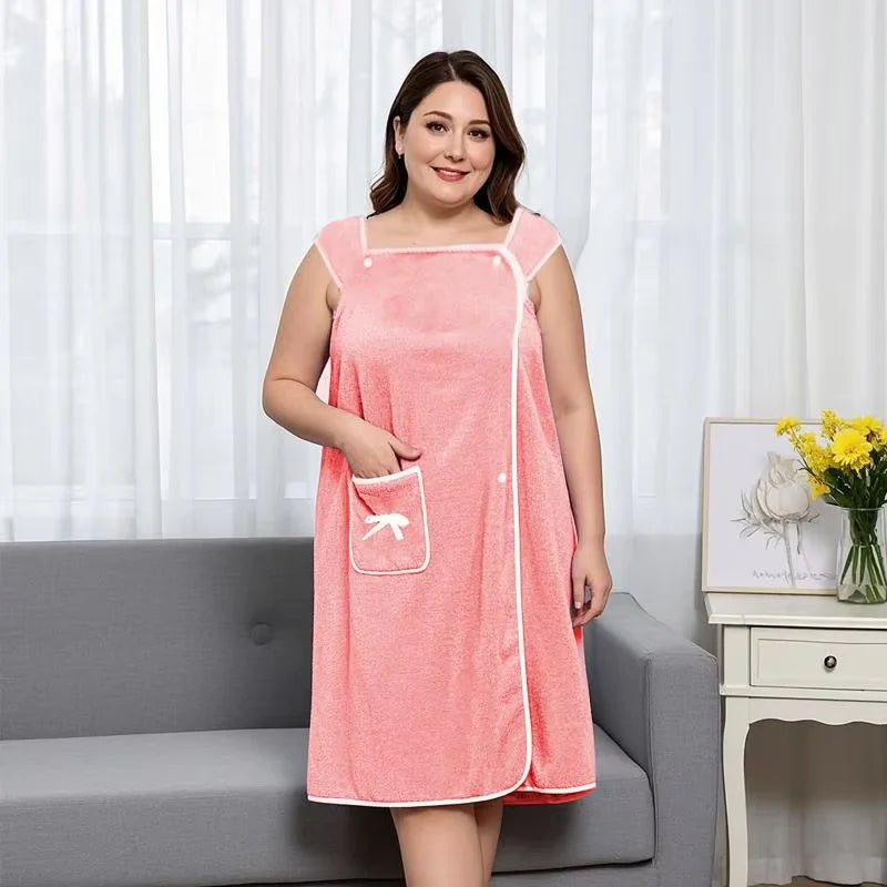 1Pc Women's Plus Size Wearable Bath Towel - Cute Bow Shower Skirt, Adjustable Bath Robe with Pocket. Soft Fabric for Home Use.