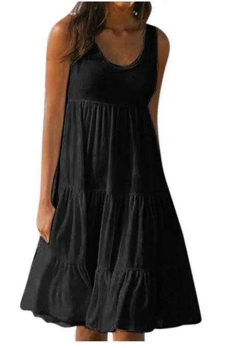Plus Size Women Causual O Neck Sleeveless Ruffles Mini Dress Boho Solid Beach Sundress Oversized Loose Dress 2025 Summer