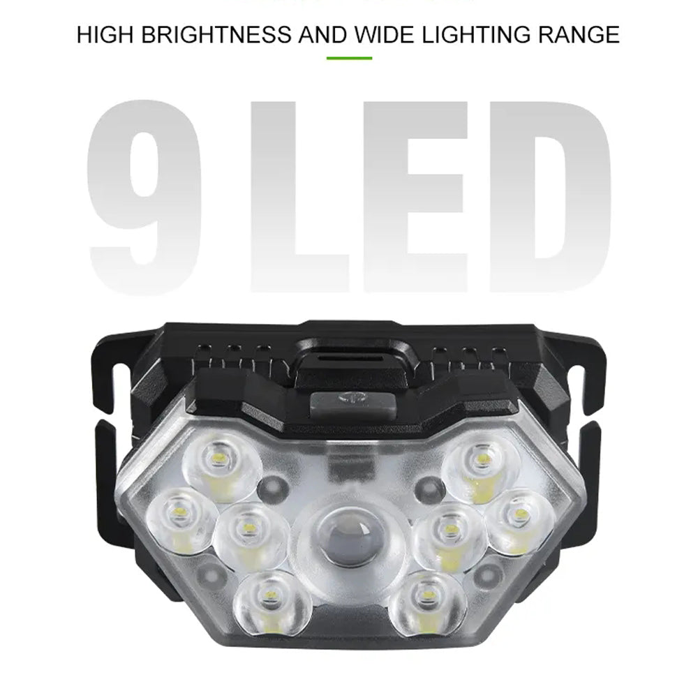 Pannlampa 9 LED 2000 Lumen – USB-C Uppladdningsbar, Rörelsesensor, 6 Lägen, Vattentålig, Camping