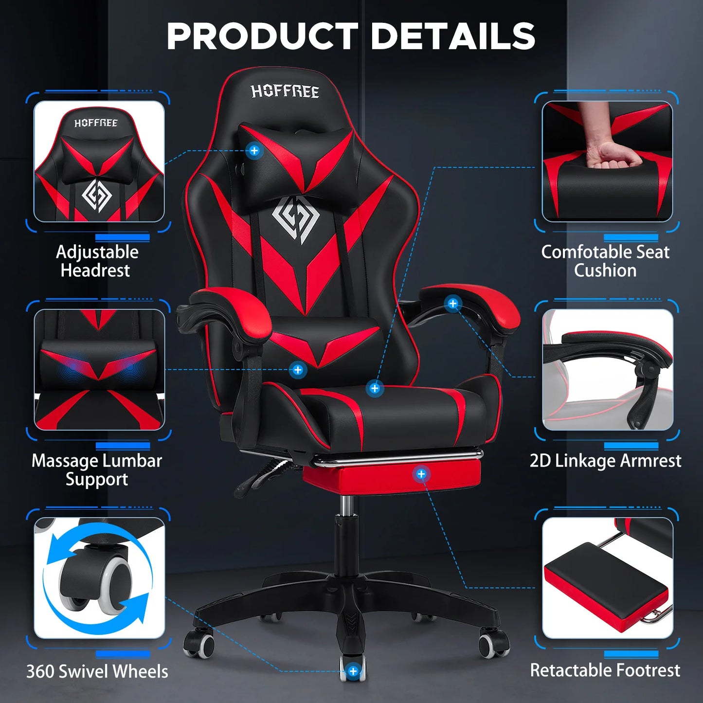 200Lbs Load Gaming Chair with Massage Ergonomic Computer Chair Footrest and Lumbar Support Reclining PC Chair Adjust Armrest