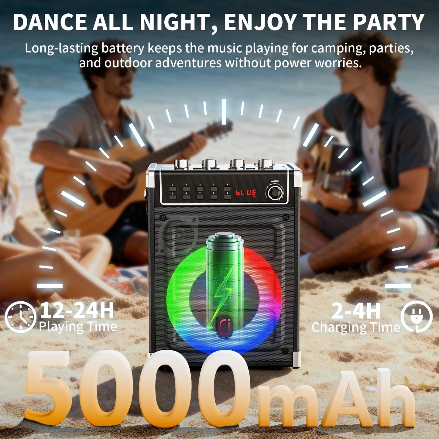 69-black Karaoke Machine with 2 UHF Wireless Microphones, Bluetooth Speaker with Bass/Treble Adjustment and LED Light, PA System