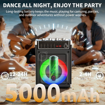 69-black Karaoke Machine with 2 UHF Wireless Microphones, Bluetooth Speaker with Bass/Treble Adjustment and LED Light, PA System