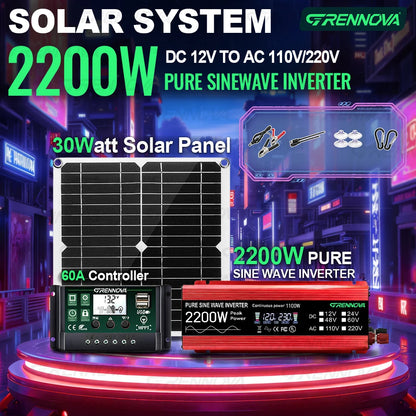 Grennova Portabelt Solcellskit 1100W – Ren Sinusvåg 2200W Peak + 30W Panel + 60A MPPT, 110V/220V Off-Grid Husbil Balkong