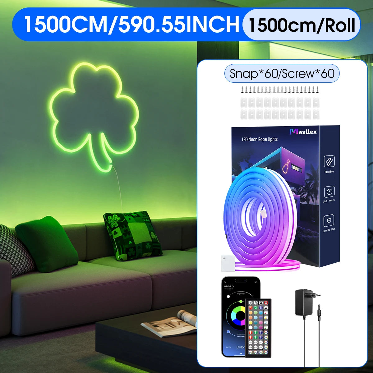 Flexibel LED Neon-slinga – RGB, IP65, App & Fjärr, Musiksynk, 24V, EU-kontakt, 5–30M