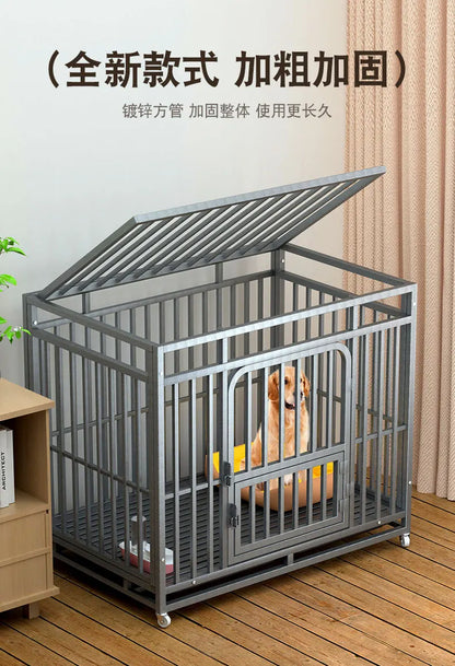 Heavy Duty Square Tube Dog Cage for Medium Large Dogs Indoor Metal Kennel with Toilet Tray Foldable Iron Pet Crate Furniture