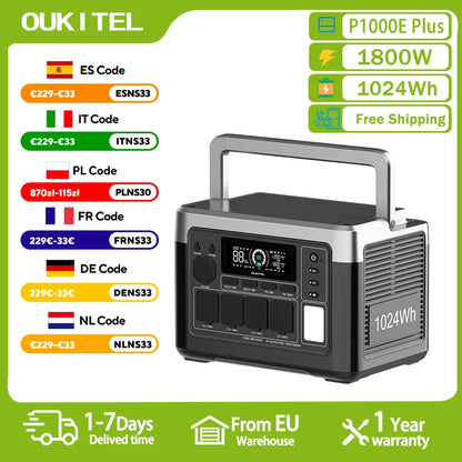 OUKITEL P1000E Plus Portable Power Station 1800W Solar Generator 1024Wh Lifepo4 Battery Home Backup Outdoor Camping Mobile Power