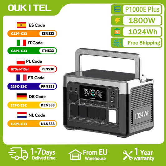 OUKITEL P1000E Plus Portabel Kraftstation – 1024Wh, 1800W (3600W Peak), LiFePO4, 39 min Snabbladdning, UPS <10ms, EU-lager