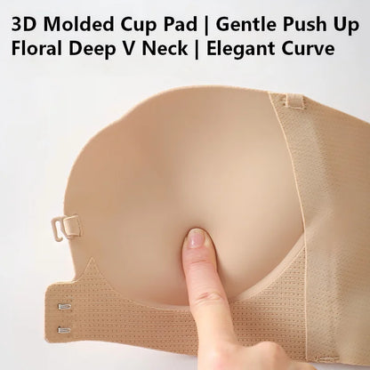 Wireless Strapless Bra Women Double Front Buckle 6Point AntiSlip 3Level 3D Molded Petal Deep V Seamless Multiway Pushup Bra 1PC