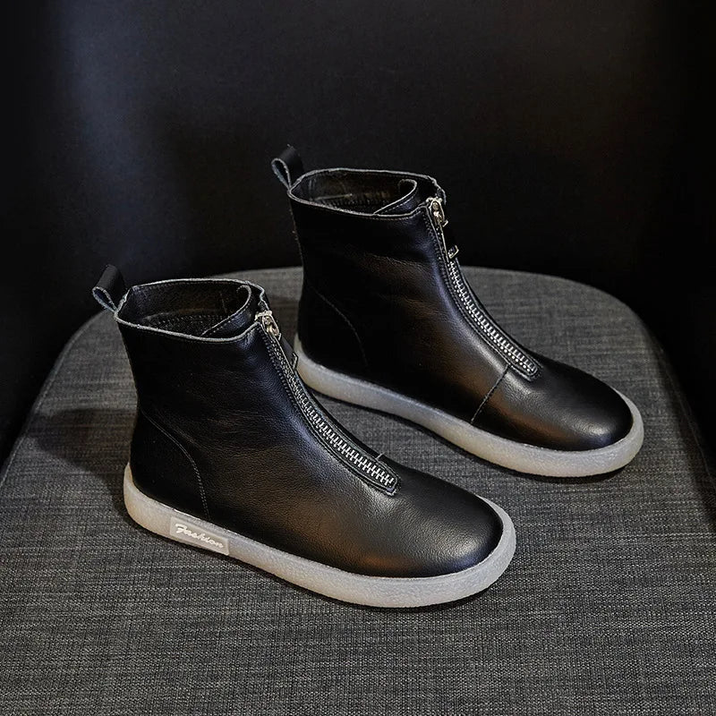 ZXRYXGS British Style Front Zipper Genuine Leather Boots Flat Sneakers 2026 Temperament Trend Autumn Winter Boots Black White