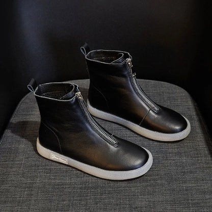 ZXRYXGS British Style Front Zipper Genuine Leather Boots Flat Sneakers 2026 Temperament Trend Autumn Winter Boots Black White