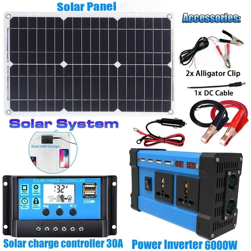 Komplett Solkraftsystem 4000W/6000W – 20W Monokristallin Solpanel + Modifierad Sinusvåg Inverter 110V/220V + 30A PWM-regulator 12V/24V