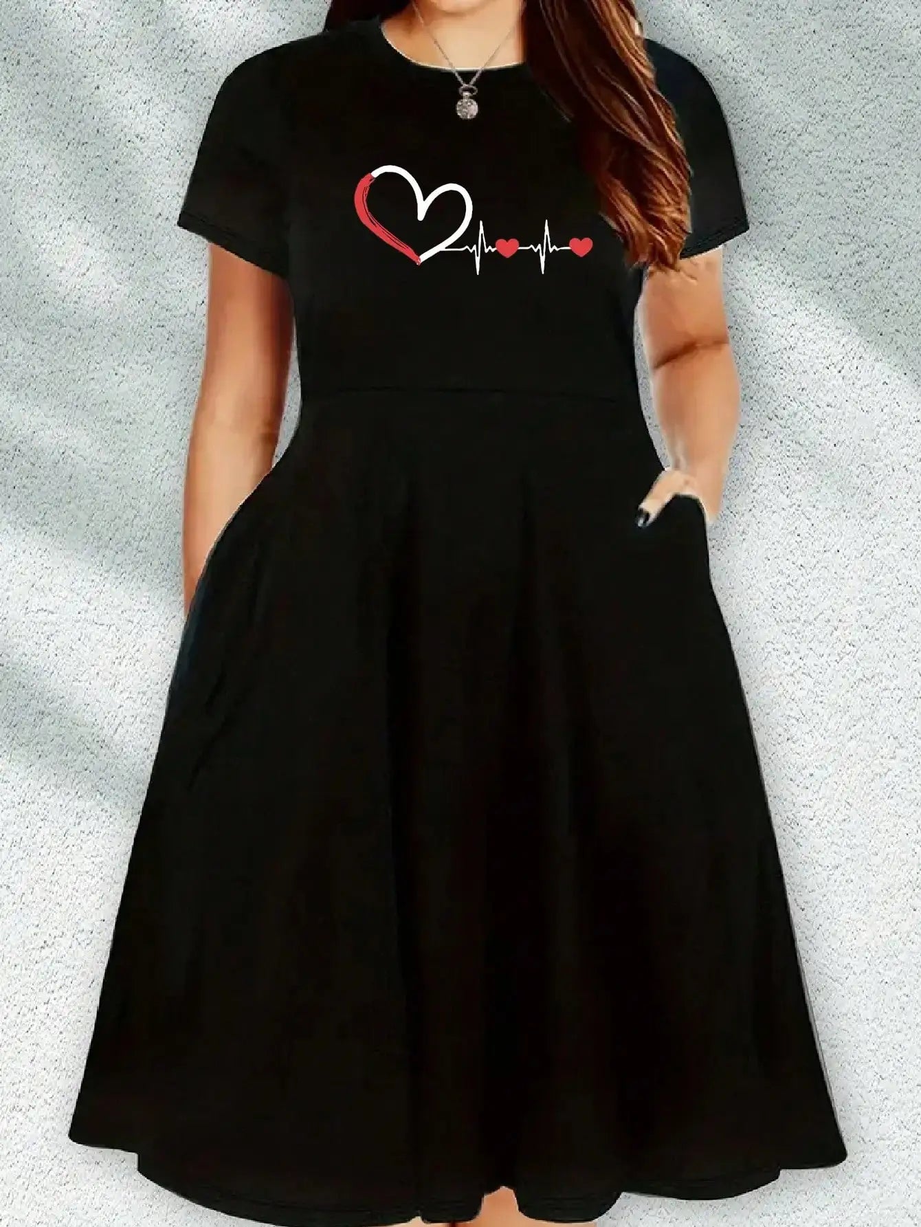 2026 Women's Four Seasons Love at First Sight Heartbeat Printed Casual Loose Black Short Sleeved Large Short Skirt Dress