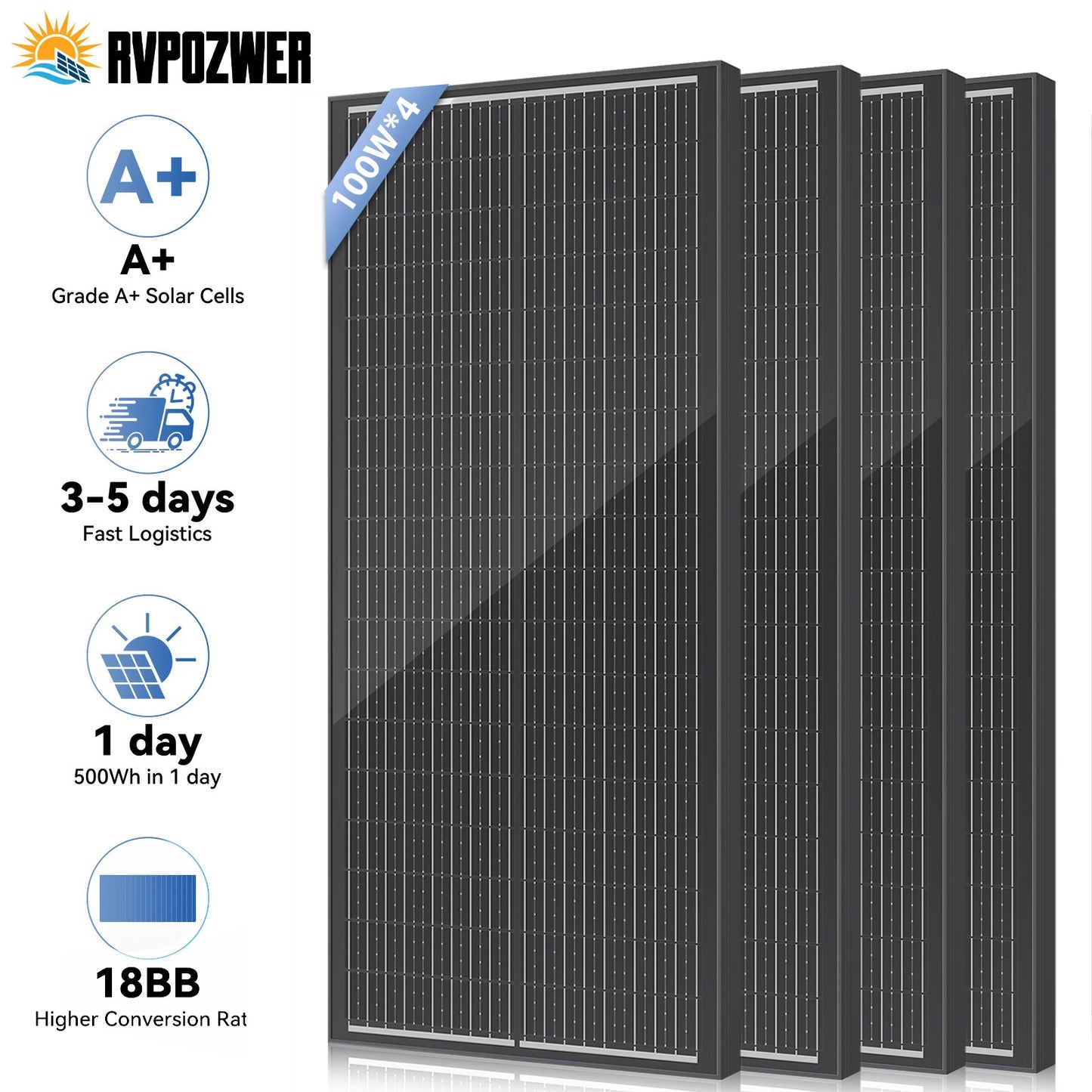 RVPOZWER Rigid Solpanel 100W 12,8V – N-Type 18BB Monokristallin, Vattentålig, 1/2/4-pack, Husbil/Båt/Stuga/Off-Grid, EU-lager (Frankrike)