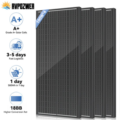 RVPOZWER Rigid Solpanel 100W 12,8V – N-Type 18BB Monokristallin, Vattentålig, 1/2/4-pack, Husbil/Båt/Stuga/Off-Grid, EU-lager (Frankrike)