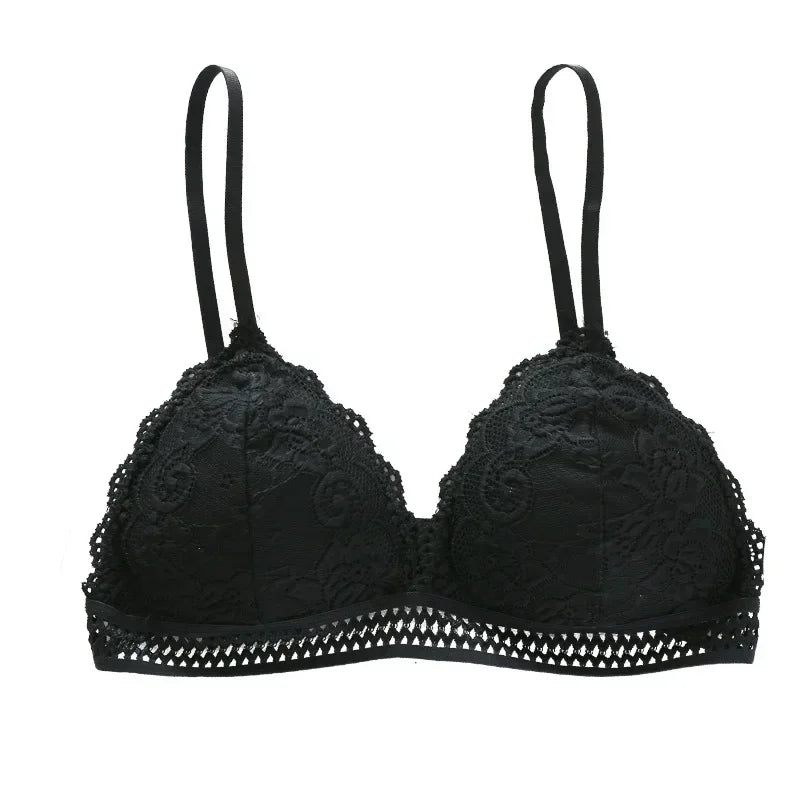 Women Sexy Lace Bra No Steel Ring Beauty Back Wrapped Chest Comfortable Deep V Brassiere Stretch Triangle Cup Padded Underwear