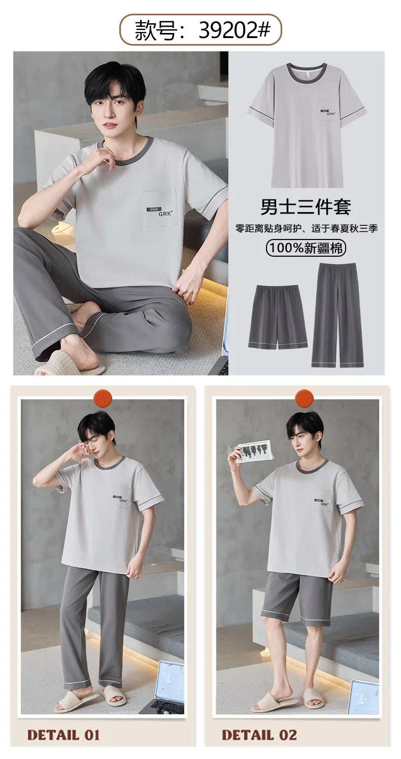 Short Sleeves & Shorts & Long Pant 3Pcs/set Cotton Nightwear for Men Summer Breathable Casual Sleepwear Male Loungewear Hombre