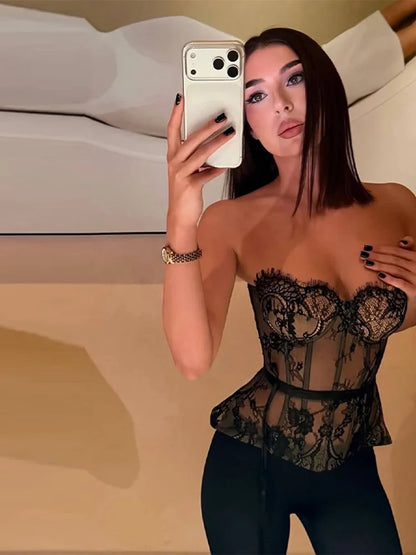 Sexy Women's Lace Fishbone Bandage Vest Black Slim Strapless Backless Female Corset 2026 Spring Summer Lady Beach Party Top New