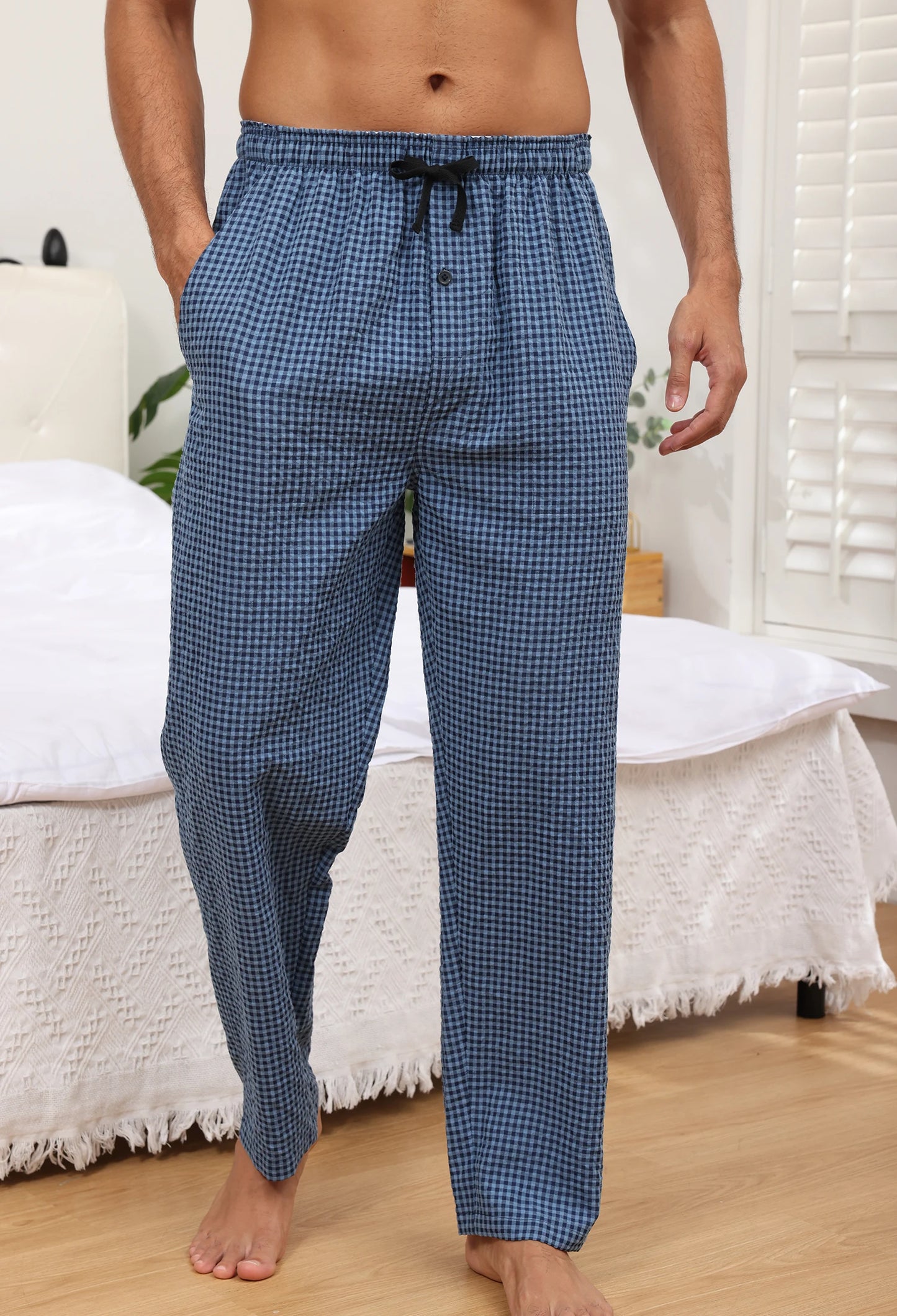 Men's 3Pcs Pajama Sleeping Pants Cotton Plaid Pjs, Long Plaid Print Sleepwear Pajama Pants with Elastic Waist Homewear