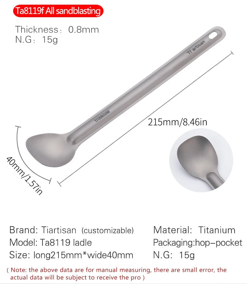 Tiartisan Titaniumsked & Spork – Ultralättviktig 15g, Långt Handtag, Frostad/Polerad, Camping
