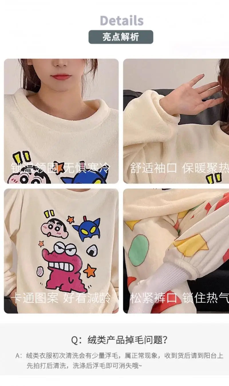 Kawaii Crayon Shin-Chan Couple Pajamas Set New Men's/women's Fashion Casual Pajama Plush Coral Fleece Winter Cartoon Homeclothes