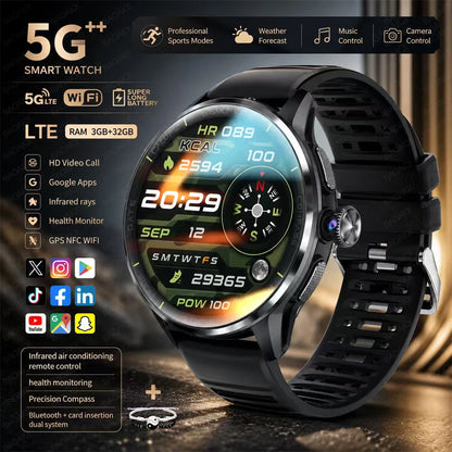 4G/3G Full Network Infrared Smart Watch 1.60 inch AMOLED Screen 800W Video Call  2100mAh Google Play WIFI GPS Compass Smartwatch
