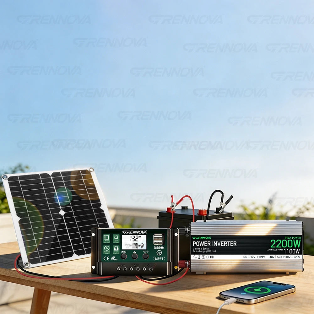 Grennova Solar System Kit with 30W Panel 60A Controller Inverter 2200W Peak (1100W Rated) 12V To 220V 110V for Home Off-Grid RV