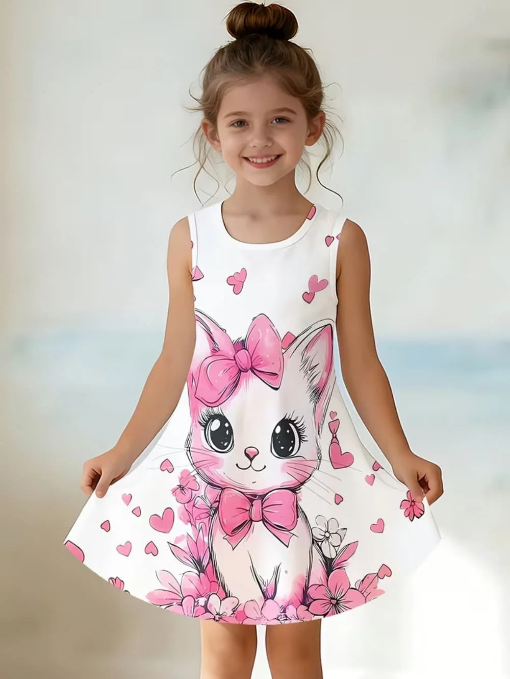 Girl Clothes Cartoon Cat Graphic Printed Girls' Princess Dress Summer Casual Dress for Girls Outfit O-Neck Birthday Gift Clothes