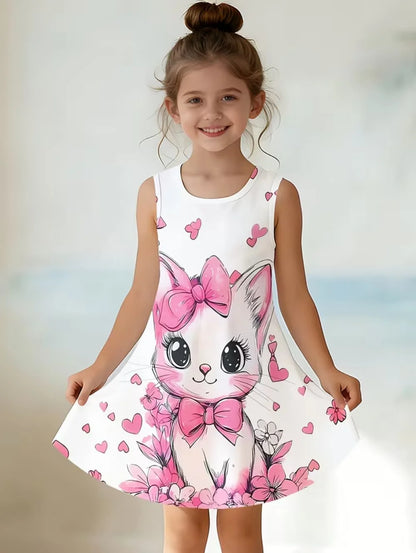 Girl Clothes Cartoon Cat Graphic Printed Girls' Princess Dress Summer Casual Dress for Girls Outfit O-Neck Birthday Gift Clothes